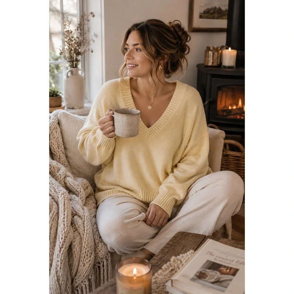 Coastal Chunky Soft Oversized Cozy Butter Yellow‎ V Neck Long Sleeve L Sweater